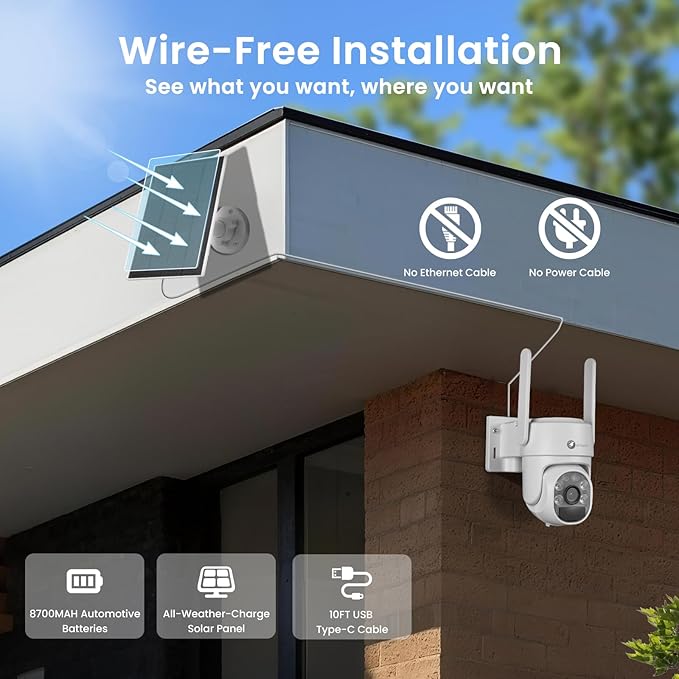 XMARTO QHD Wire-Free Solar Security Camera System Outdoor/Indoor Wireless, Pan Tilt Zoom, 4K Long Range WiFi 6 Surveillance DVR Kit, Long-Lasting Solar Battery Home CCTV 6-CAM Set w. 120-day Storage
