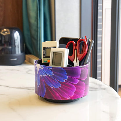 lizimandu Round Leather Art Supply Organizer,Remote Control Holder,360 Degree Spinning,Multi-Functional Pencil Holder,4 Compartments Desktop Stationary Organizer(1-Blue Fractal Flower)