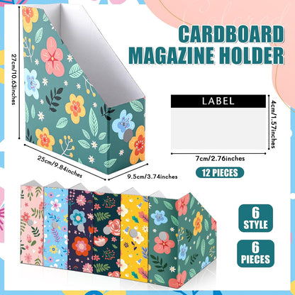 PerKoop 6 Pcs Magazine File Holder Foldable Decorative Cardboard File Folders 6 Patterns Floral Colored Magazine Rack with Printable Sticker Labels for School Office Home Desk (Flower Design)