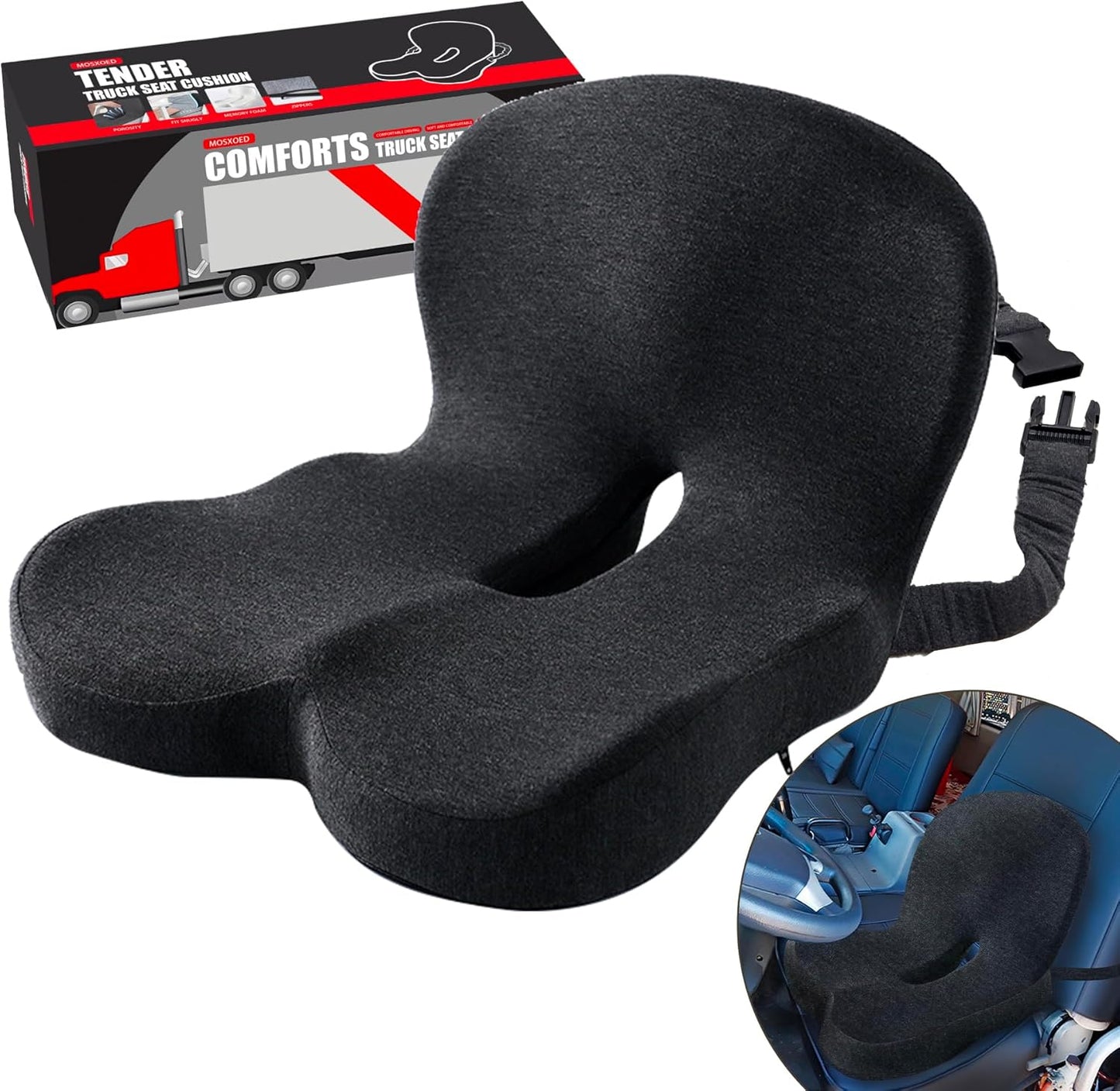 Seat Cushion for Truck Driver, Memory Foam Truck Seat Cushion with Adjustable Strap – Ergonomic Back Support & Sciatica Relief for Long Drives, Semi Truck Accessories, Dark Gray