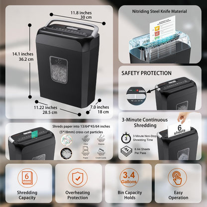 Bonsaii Paper Shredder for Home Office, 6-Sheet Cross-Cut, Shreds Paper, Credit Cards, Mail, Staples & Clips, 3.4-Gallon Clear Bin with Handle