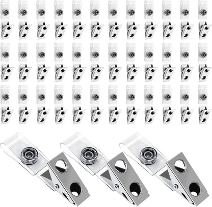 400 Pack Metal Badge Clips Double Hole ID Badge Clips with Clear PVC Straps for Name Tag ID Cards and Badge Holders Work Office Supplies