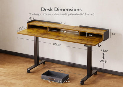 YDN Rustic Brown 2-Tier Adjustable Electric Standing Desk, 63 inch, Modern Design with 2 Drawers, Felt Fence, Hook, for Office