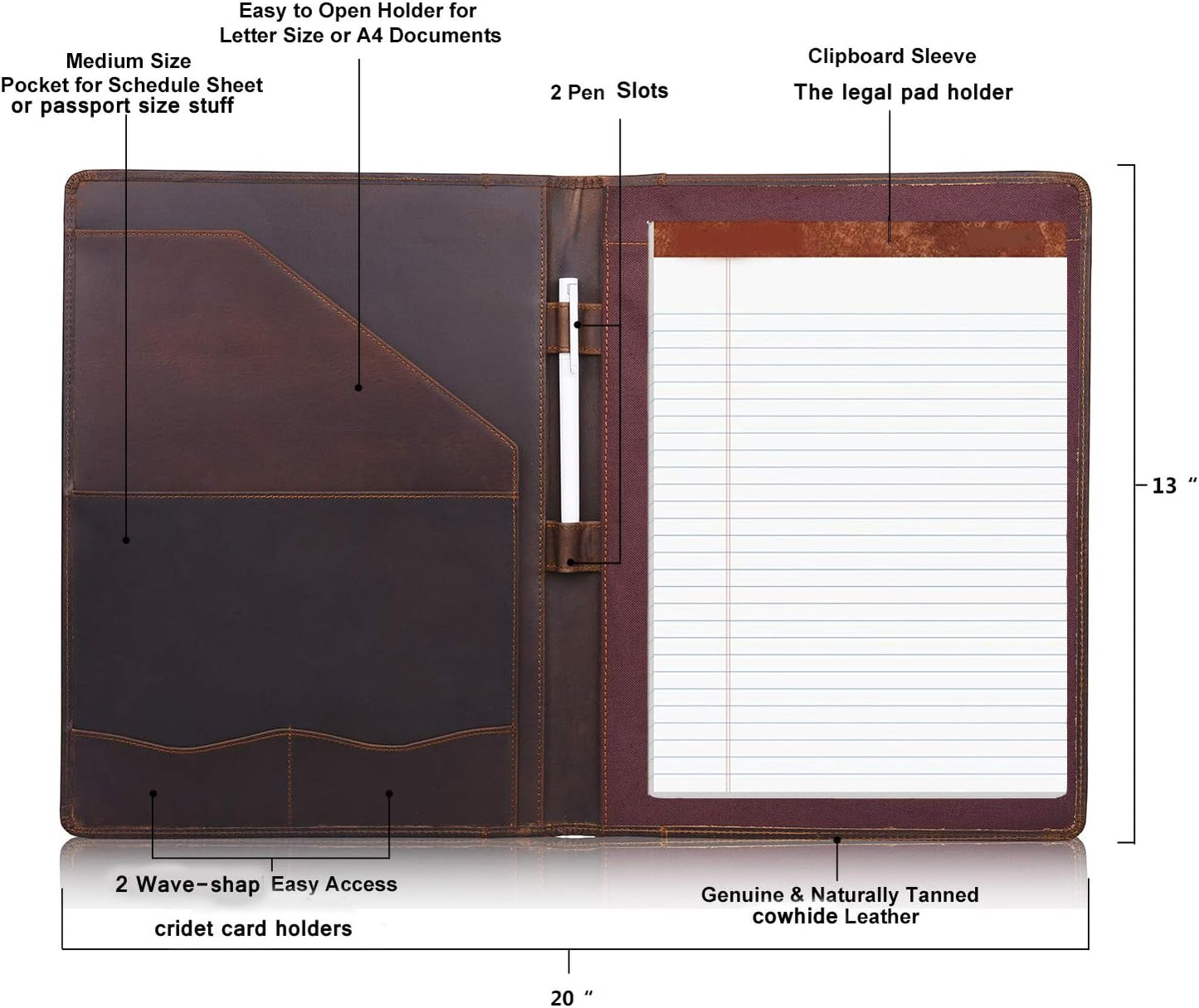 Jack&Chris Leather Portfolio, A4 Document Folder Legal Pad Padfolio, Professional Writing Letter Notepad Clipboard Sleeve Organizer, Resume Folio Binder for Men&Women,JC1823