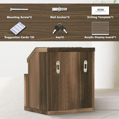 KYODOLED Wood Suggestion Box with Lock Wall Mounted, Rustic Ballot Donation Key Drop Box with Clear Acrylic Sign Holder and 30 Free Suggestion Cards 9H x 6.9W x 8.5L Inch