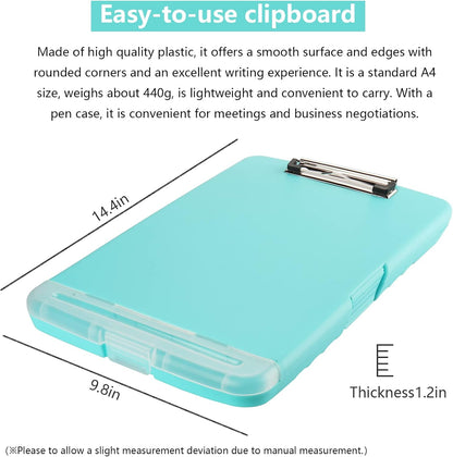 Clipboard with Storage,A4 Clipboards with Pen Holder,Heavy Duty Plastic Storage Clipboard with Low Profile Clip,Nursing Clipboards Folder Side-Opening,Smooth Writing Clip Board for Office-Blue Green
