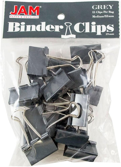 JAM PAPER Colorful Binder Clips - Medium - 1 1/4 Inch (32 mm) - Grey Binderclips - 15/Pack