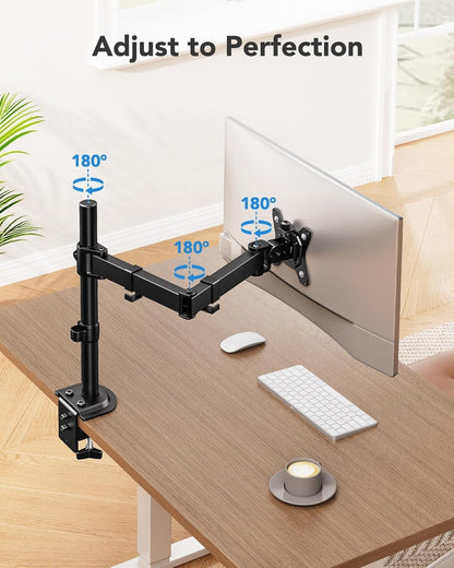 HUANUO Single Monitor Mount, Monitor Arm for 13”-32” Monitors up to 17.6 lbs, Adjustable Stand with 16” Max Height, Desk Mount with C-Clamp and Grommet Base, VESA 75x75mm or 100x100mm