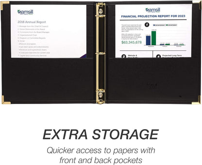 Samsill Leather Binder, Classic Collection, 3 Ring, Executive Presentation Portfolio, 1 Inch (Holds 200 Sheets), Brass Round Ring, Black