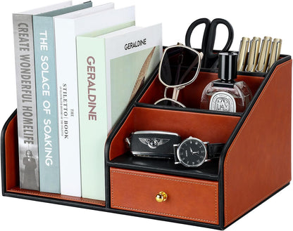 KINGFOM PU Leather Desk Organizer, Multifunction 6 Compartment Desk Organizers and Accessories for Office Supplies, Pen Pencil Holder/Book Mail Organizer Holder for Desk with Drawer (Brown)