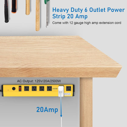 CCCEI Heavy Duty Power Strip Surge Protector 20 Amp, High Amp Industrial Shop Garage Metal Multiple Outlets, 10 FT Yellow Jacket 12 Gauge 5-15P Extension Cord 6 Outlet 6-20R T-Slot 20a for Appliance