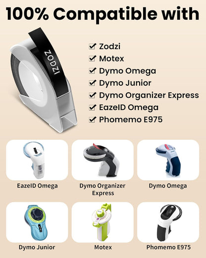 Zodzi Embossing Label Tapes Replacement for Dymo Label Maker Refills, 3/8 Inch 3D Plastic Label Maker Tape for Dymo Organizer Xpress Tape 1540 1550 1570 Office Mate II 12965 12966 Embossed Labels
