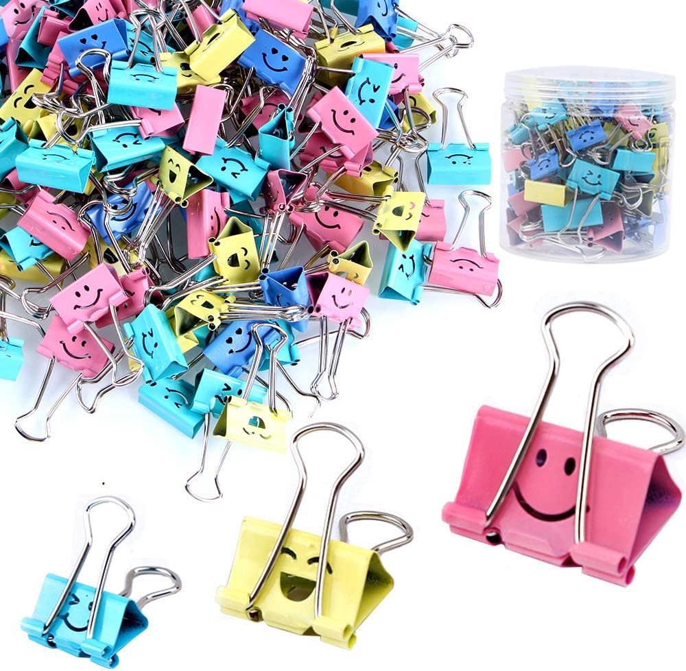 【72pack】 Binder Clips, Limque Paper Clips,Paper Clamps with Colored Cute Hollow Smiling Face,72 Pcs Assorted Size Clip, for Office,Teacher Gifts and Kitchen