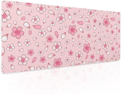 Pink Cherry Blossom Gaming Mouse Pad XL Cute Anime Aesthetics Floral Extended Kawaii Flowers Large Mousepad Non-Slip Rubber Base Stitched Edge Long Keyboard Desk Mat for Computer,31.5×11.8 Inch