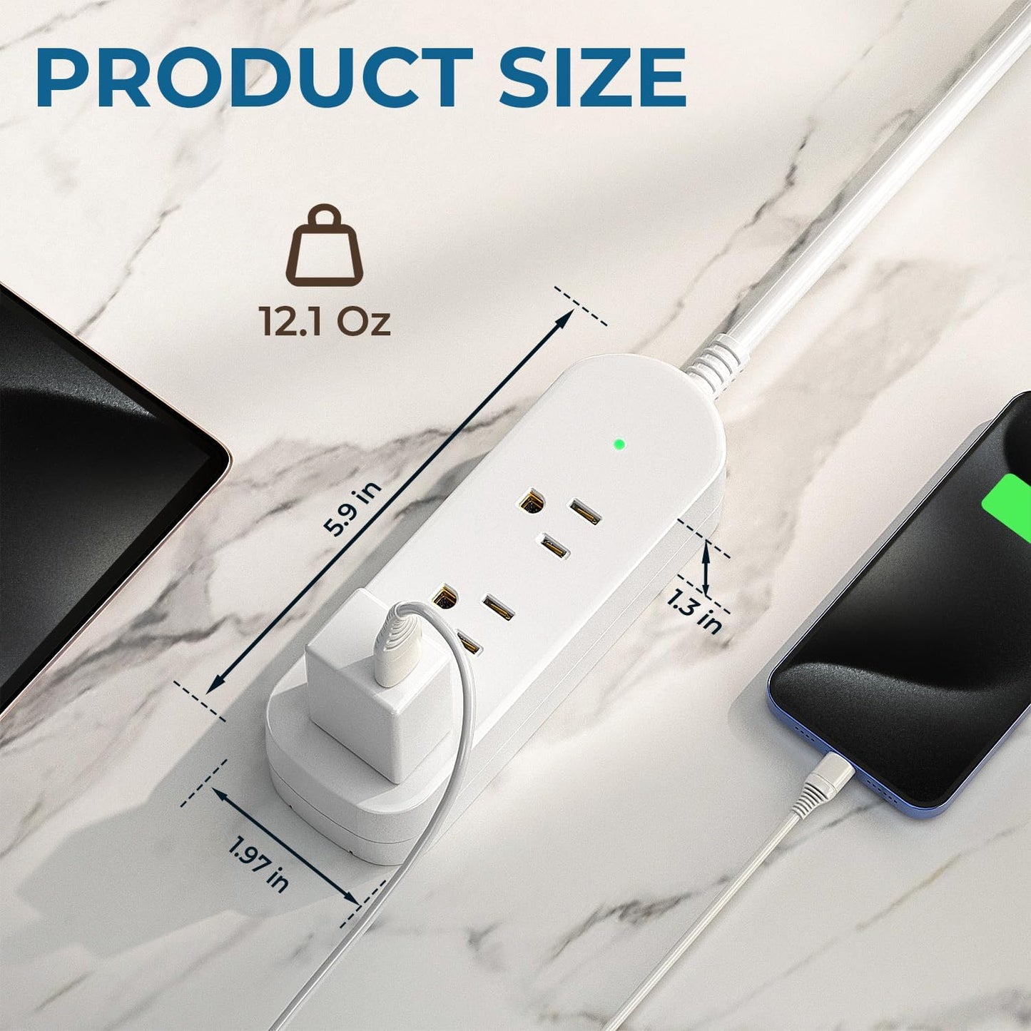 Surge Protector Power Strip,1625W/13A,5Ft Extension Cord with 3 Outlets,Waterproof Class 6 Heavy Duty Extension Cord for Indoor Outdoor,UL FCC IPX6 Listed (White, 5FT)