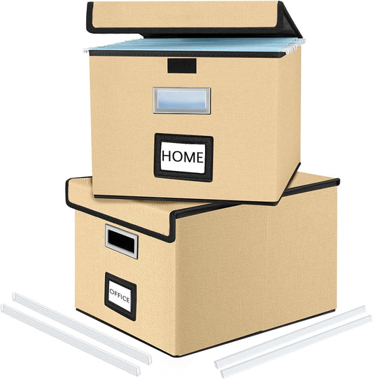 Huolewa File Organizer Box with Lid, Collapsible File Folder Organizer for Office Document Storage, Filing Box with Plastic Slide for Letter/Legal Size Hanging Files, Brown, 2 Pack