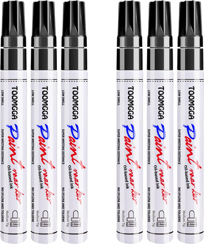 Black Paint Pens Permanent Paint Markers - 6 Pack Oil Based Marking Pens, Medium Point, Quick Drying and Waterproof Pens for Rock Painting Car Tyre Metal, Plastic, Canvas, Wood