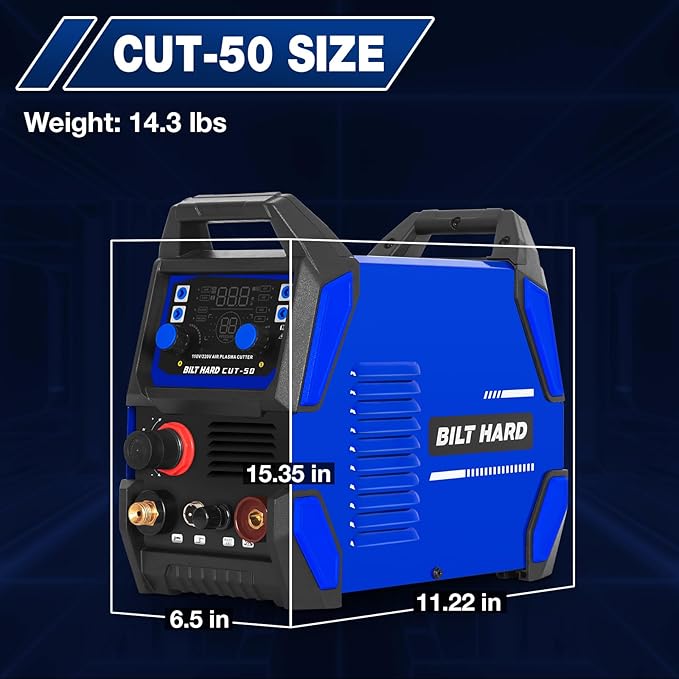 BILT HARD Plasma Cutter, 50A Plasma Cutting Equipment, Non Touch Pilot Arc, 110V/220V Dual Voltage, Digital Display Screen, DC Inverter IGBT Plasma Cutter Machine for Beginners