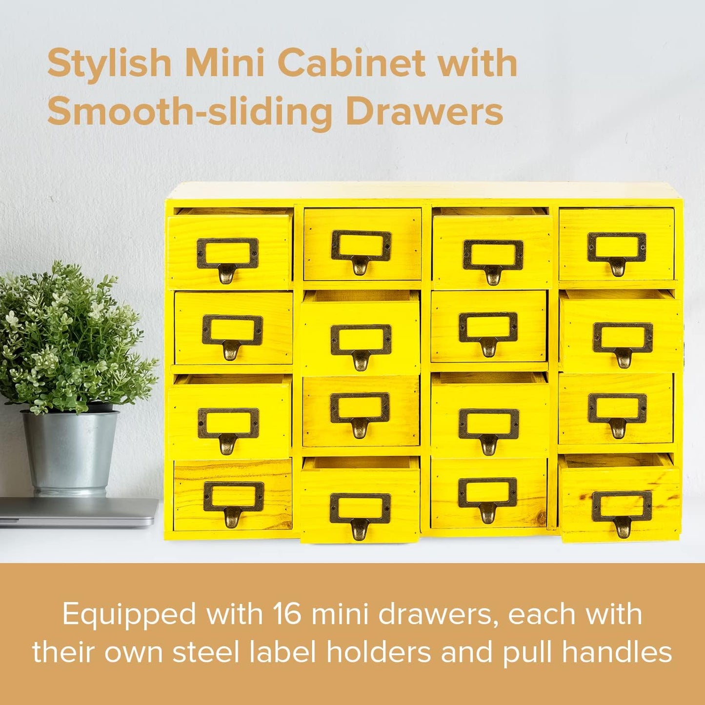 Yellow 16-Slot Wooden Drawer Unit - Country Style Desk Organizer - 20"x3.6”x14” Wooden Storage Box w/ 16 Drawers - Countertop Drawers w/Label Holder & Handle - Slim 4-Level Desk Organizer