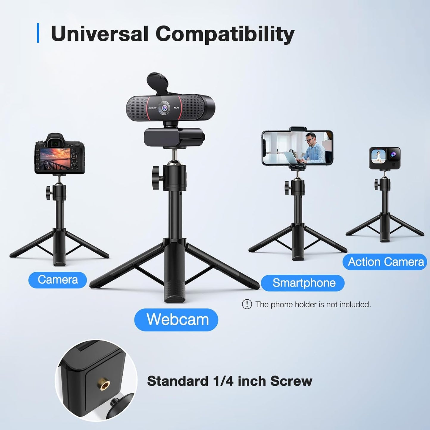 EMEET C960 4K Webcam with Tripod, 4K UHD Sony Sensor, 3 Adjustable Height Mini Tripod w/Privacy Cover, PDAF Auto Focus, Dual Noise-Cancelling Mics, Auto Light Correction, Perfect for Online Meetings