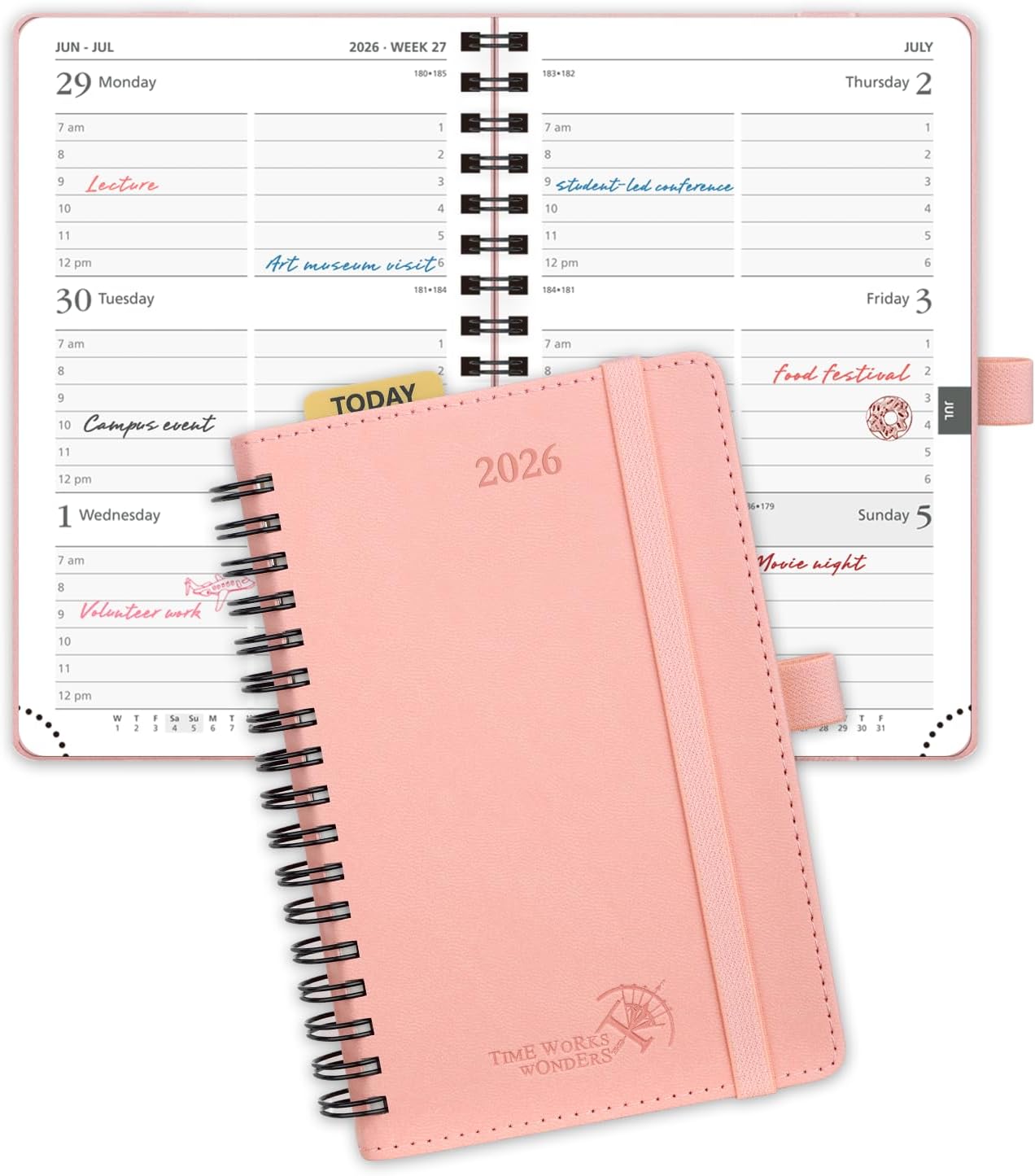 POPRUN Pocket 2026 Planner (Small Size- 4'' x 6.25'') Weekly and Monthly for Purse - Calendar 2026 (Jan. 2026 - Dec.2026) with Soft Cover, Plastic Ruler - Pink
