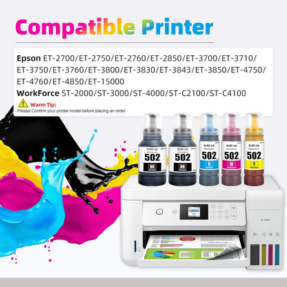 T502 502 Ink Refill Bottles Compatible for ET2760 ET-4760 ET2750 ET-3760 ET-2850 ET-15000 ST-4000 ST-2000 ET-3710 ET-3850 ET-3750 ET-4850 ET-3830 ET4750 ET2700 Printers (2BK C M Y)