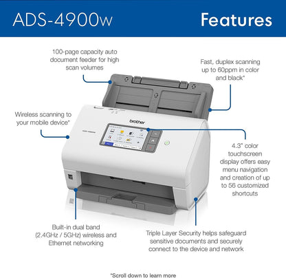 Brother ADS-4900W Professional Desktop Scanner with Fast Scan Speeds, Duplex, Wireless, and Large Touchscreen, White