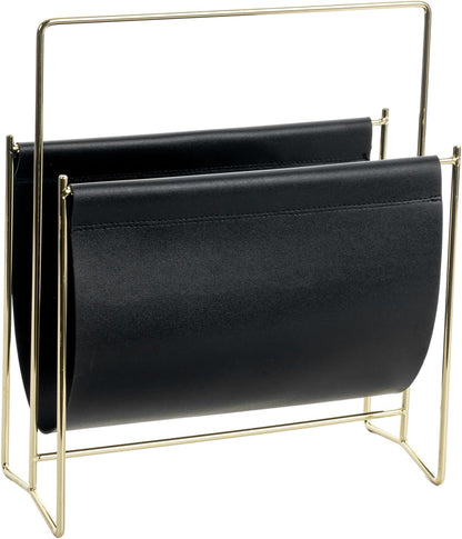 MyGift 13 Inch Modern Black Leatherette Magazine Holder Floor Standing Sling Style Rack with Gold Tone Metal Frame