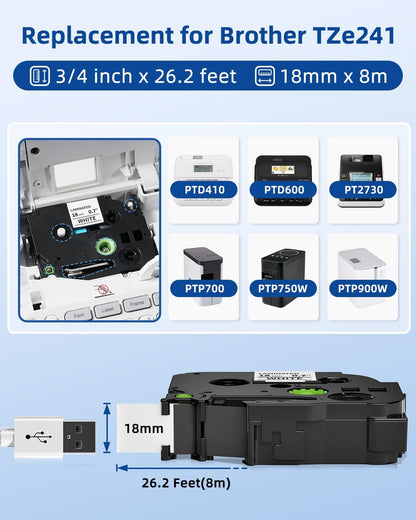 Label KINGDOM 18mm 0.7 Inch Laminated White Tape Replace for Brother Label Maker Tape TZe-241 Compatible with P Touch TZ TZe 3/4" Black on White TZE241 for PTD410 PT-D400 PT-D610BT PTD600, 3-Pack