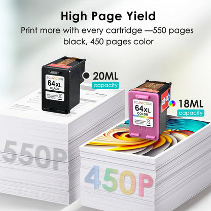 Remanufactured 64XL Ink Cartridges Black/Color Replacement for HP 64XL Ink Cartridge Combo Pack HP Ink 64 for Envy 7855 7858 7155 7800 6252 6255 7100 7164 7200e 7955e 7900e Tango X Printer