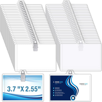 Zonon 150 Sets Name Badge Holders with Clip Clear on Name Tag Waterproof PVC ID Transparent Badge Holder with Resealable Zipper Seal Metal for Teacher Student Worker (Fixed Clips)