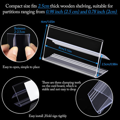 36pcs Wood Shelf Label Holder Plastic Price Tag Holder Supermarket Retail Sign PVC Clear Shelf Label Holder (Includes 50 Pieces Label Inserts) Perfect Fits 25 mm Wooden Shelving.