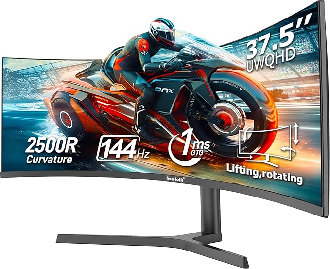 Gawfolk 37.5 Inch Gaming Monitor 3840 * 1600p 144Hz PC Monitor with AMD FreeSync, Flicker-Free, 2X HDMI 2.0, DP 1.4, Ultra-Thin Frameless Screen