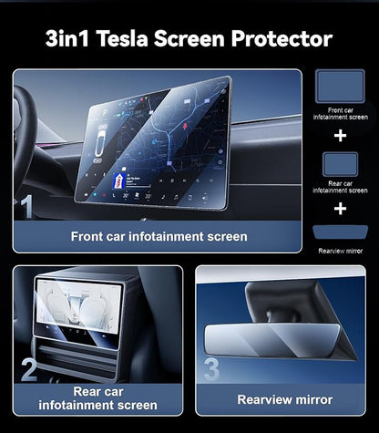 3 in 1 New Model Y Juniper & Model 3 Highland Screen Protector Matte 3-Piece Protector Set: Center Display + Rear Touchscreen + Interior Rearview Mirror Model Y (2025-2026) Model 3 (2024-2026)