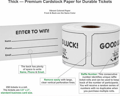 Tacticai 250 Raffle Tickets, White (1 of 8 Colors), Raffle Cards, Entry Form with Name, Phone & Email for Events, Fundraiser & Prizes