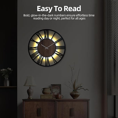 30 Inch Large Metal Wall Clock with Voice and Light Sensor Night Light, Glow in The Dark Non-Ticking Silent Battery Operated Decorative Oversized Wall Clock for Bedroom Living Room Decor