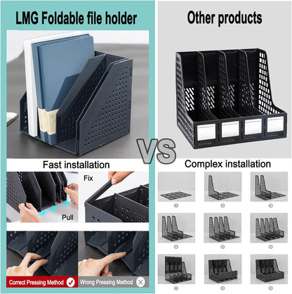 Lemical Magazine Holder 4 Vertical Compartments Collapsible Magazine File Holder Space Saving Rack Home Kitchen Desk Organizer No Need Assemble (Black)