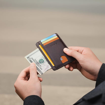 Buffway Slim Minimalist Front Pocket RFID Blocking Leather Wallets for Men and Women - Pebble Brown