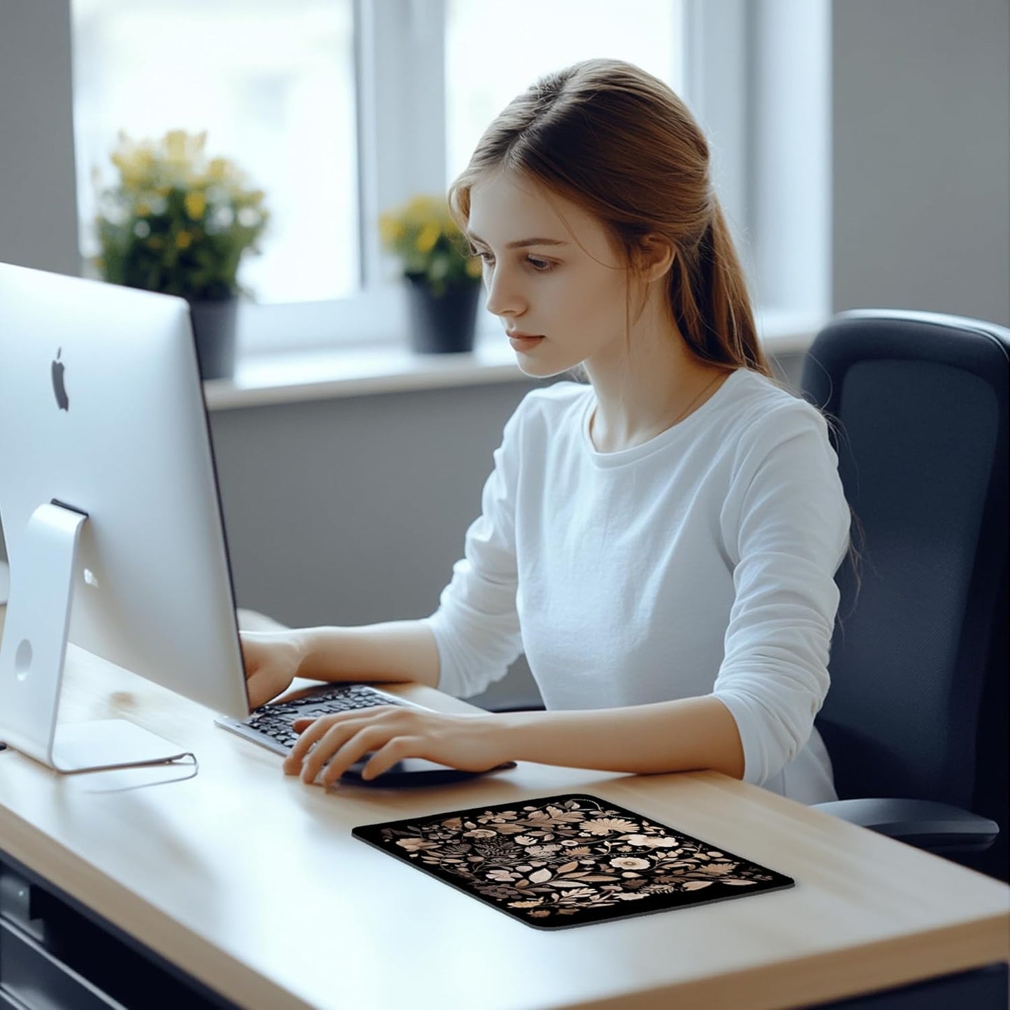 Floral Black Mouse Pad - Vintage Floral Decor Mousepad, Black Boho Flower Office Desk Mouse Pad, Boho Coworker Gifts, Gifts for Flower Lovers, 9.5x8 Inches