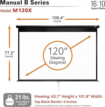 Elite Screens Manual B, 120-INCH, 16:10 aspect ratio, Manual Pull Down Projector Screen 4K / 8K Ultra HDR 3D Ready with Auto-Lock Mechanism, 2-YEAR WARRANTY, M120X