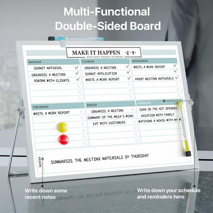 Dry Erase White Board with Stand,Double-Sided Weekly Whiteboard 12"x16",10 Markers,6 Magnets,1 Eraser,Portable Desktop Whiteboard for Planning,Weekly Schedule Board for School for Office