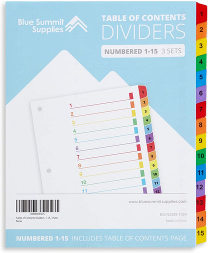 Blue Summit Supplies 15 Tab Binder Dividers for 3 Ring Binder or Notebook, Subject Dividers with Multicolor Numbered Tabs, Includes Customizable Table of Contents Index, 3 Sets