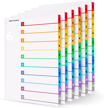 Tab Dividers for 3 Ring Binders – 6 Sets, 1–10 Numbered Index Dividers with Table of Contents – 8.5 x 11 in, 3-Hole Punched – Binder Dividers for School, Office, Filing, Organizing - 6 Pack