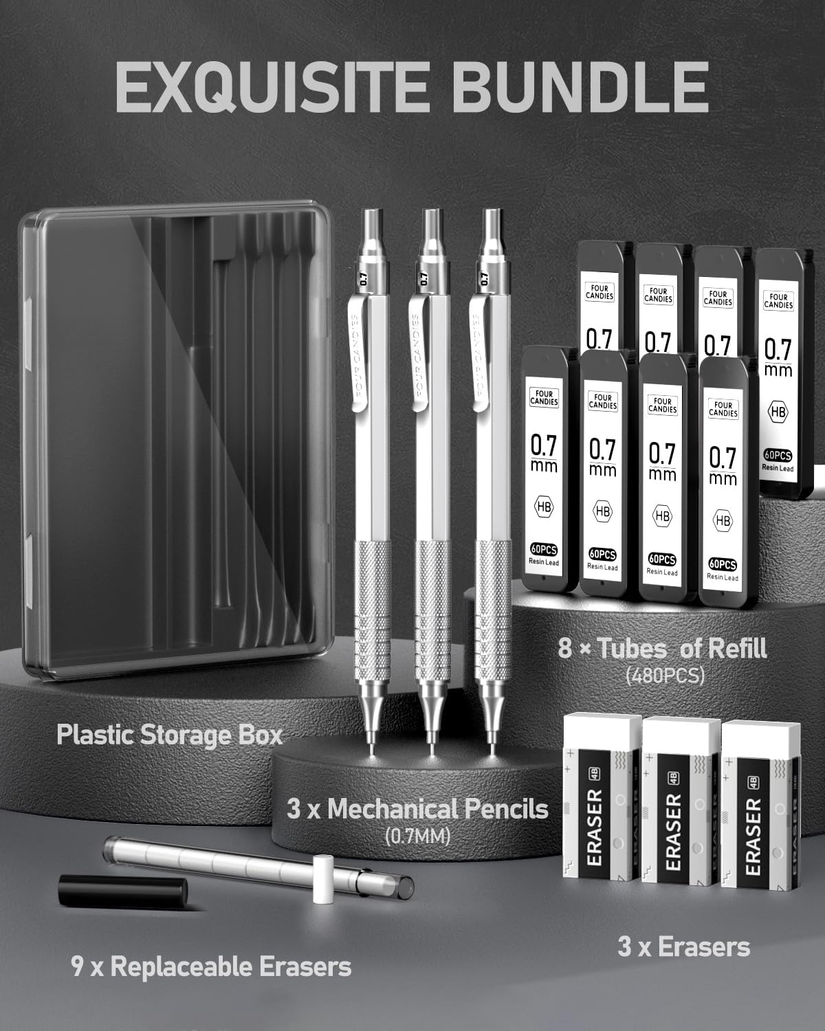 Four Candies 0.7mm Mechanical Pencil Set with Case, 3PCS Metal Artist Lead Pencil with 8 Tubes (480PCS) HB Lead Refills, 3 Erasers, 9 Eraser Refills For Engineer Art Writing Drawing Drafting, Silver