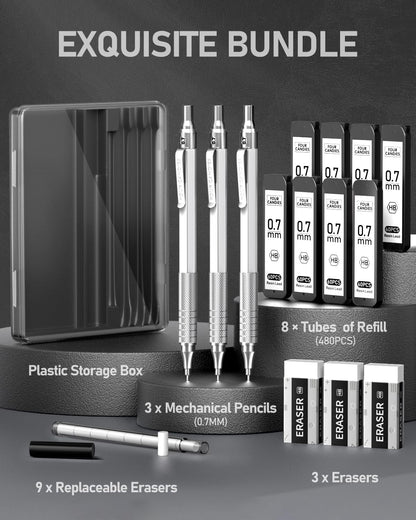 Four Candies 0.7mm Mechanical Pencil Set with Case, 3PCS Metal Artist Lead Pencil with 8 Tubes (480PCS) HB Lead Refills, 3 Erasers, 9 Eraser Refills For Engineer Art Writing Drawing Drafting, Silver