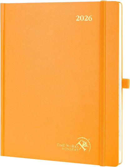 POPRUN 2026 Planner (Large Size 8.5''x 10.5'' Hardcover) - Daily Weekly and Monthly Calendar Agenda 2026 Appointment Book with Hourly Time Slots, Monthly Tabs, 100 GSM - Orange
