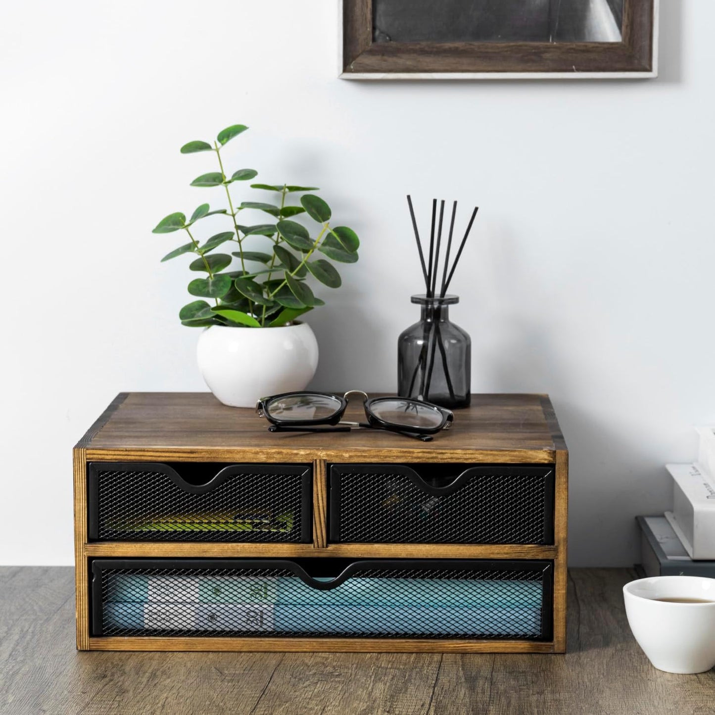 MyGift Rustic Burnt Brown Solid Wood Desktop Organizer Box with 3 Removable Black Metal Mesh Trays, Office Desk Supplies Storage Drawers for Accessories
