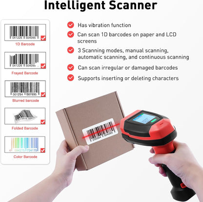 Barcode Scanner Wireless, 1D CCD Automatic Bar Code Scanner with Display Screen, Rechargeable Handhold Barcode Reader with 2.4G Receiver & USB Wired Plug and Play (Red)