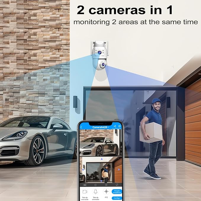 JOOAN Outdoor Security Camera HD 2K*2 Dual Lens Dual WiFi 5Ghz 2.4Ghz Wired,PTZ Rotate 2 Way Audio Sound Light Alarm,Auto Tracking,Share Cloud/Card Storage Color Night