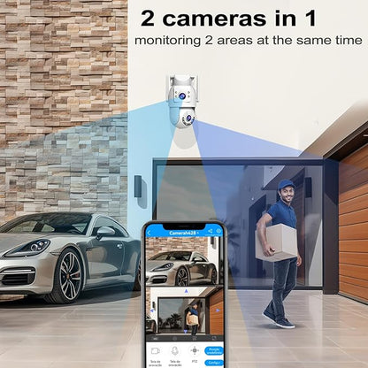 JOOAN Outdoor Security Camera HD 2K*2 Dual Lens Dual WiFi 5Ghz 2.4Ghz Wired,PTZ Rotate 2 Way Audio Sound Light Alarm,Auto Tracking,Share Cloud/Card Storage Color Night